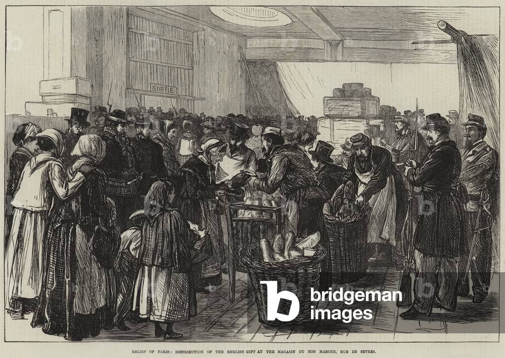 Relief of Paris, Distribution of the English Gift at the Magasin du Bon Marche, Rue de Sevres (engraving)