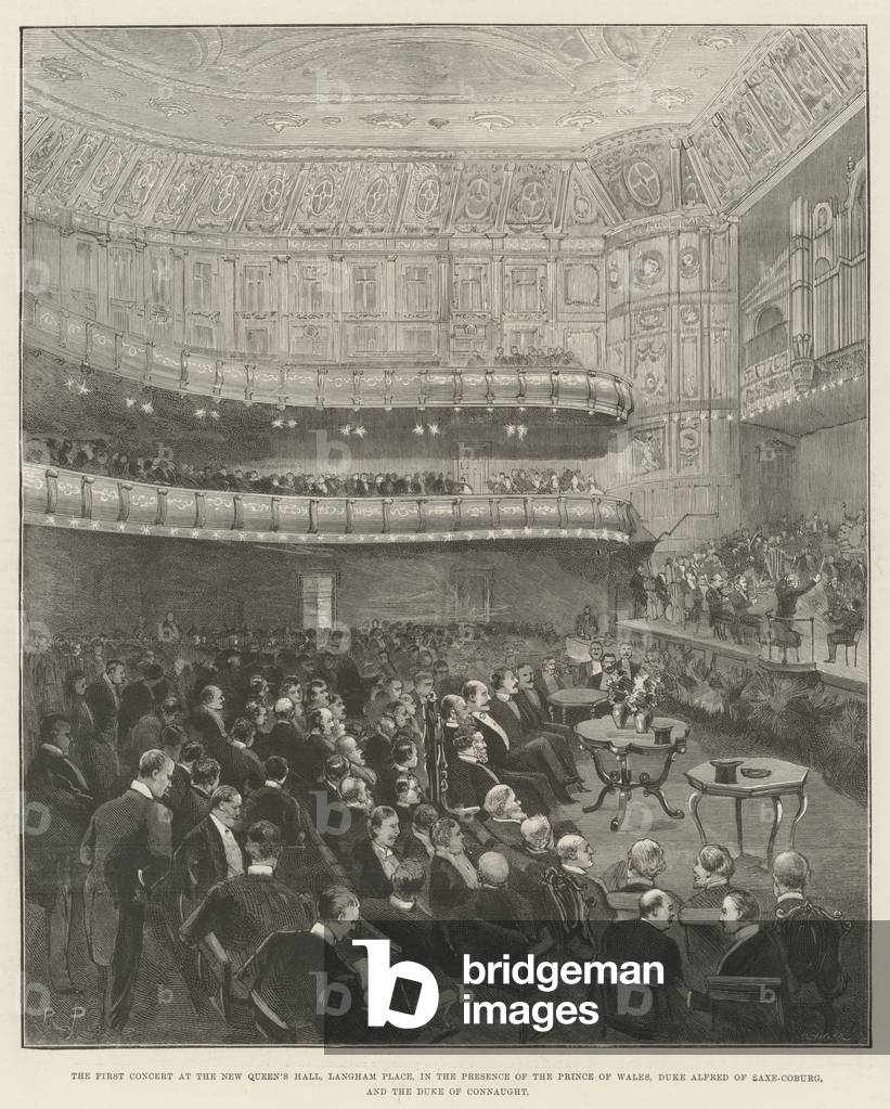 The First Concert at the New Queen's Hall, Langham Place, in the Presence of the Prince of Wales, Duke Alfred of Saxe-Coburg, and the Duke of Connaught (engraving)