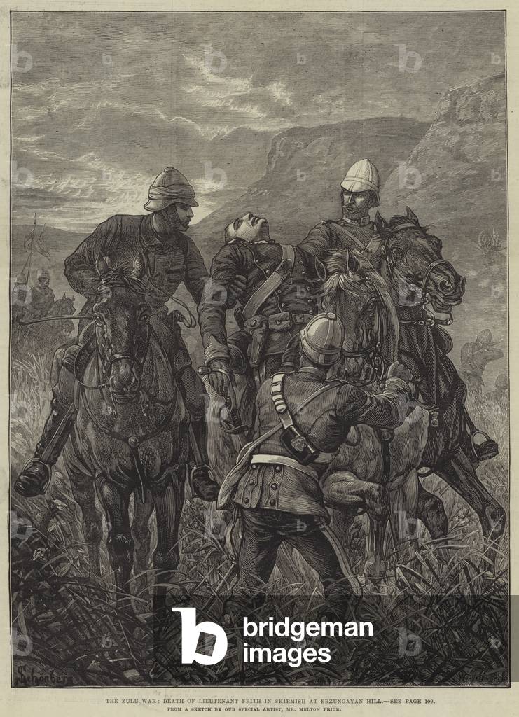 The Zulu War, Death of Lieutenant Frith in Skirmish at Erzungayan Hill (engraving)