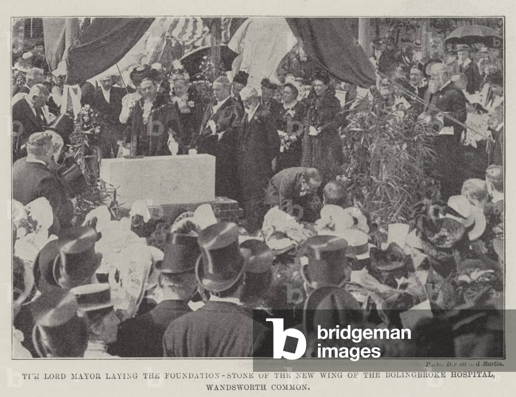 The Lord Mayor laying the Foundation-Stone of the New Wing of the Bolingbroke Hospital, Wandsworth Common (engraving)