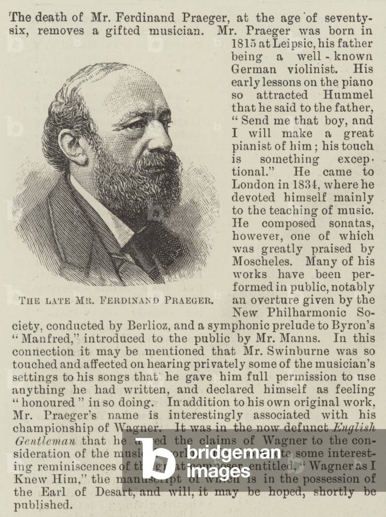 The late Mr Ferdinand Praeger (engraving)