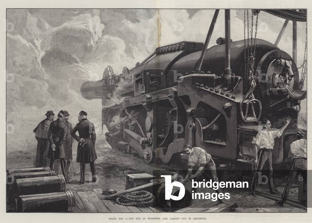Firing the 111-Ton Gun at Woolwich (engraving)