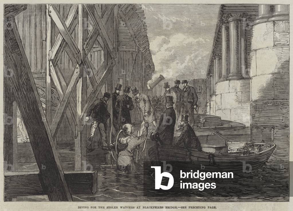 Diving for the Stolen Watches at Blackfriars Bridge (engraving)