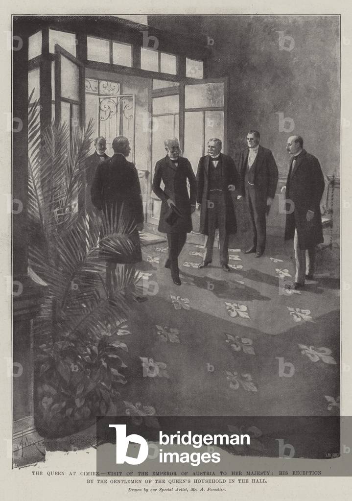 The Queen at Cimiez, Visit of the Emperor of Austria to Her Majesty, his Reception by the Gentlemen of the Queen's Household in the Hall (litho)