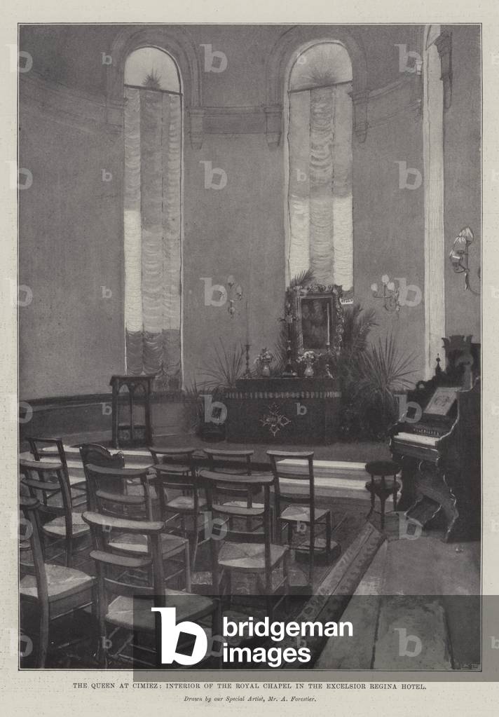 The Queen at Cimiez, Interior of the Royal Chapel in the Excelsior Regina Hotel (engraving)