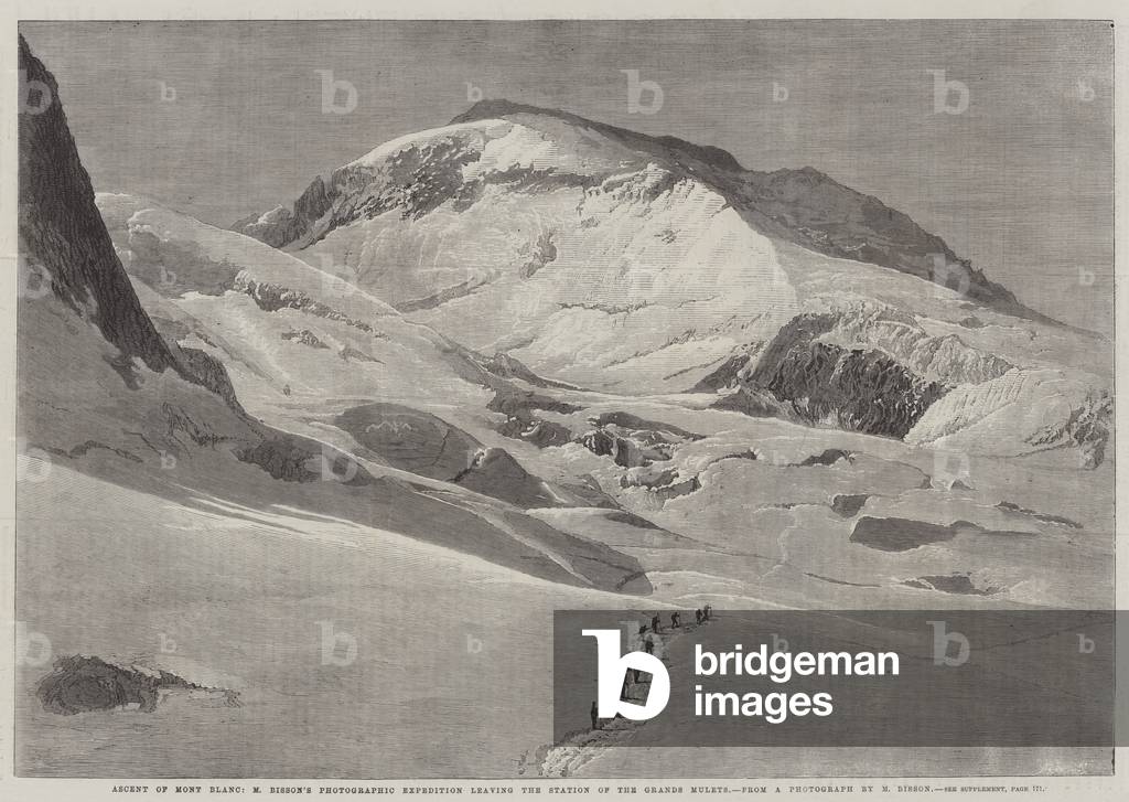 Ascent of Mont Blanc, M Bisson's Photographic Expedition leaving the Station of the Grand Mulets (engraving)