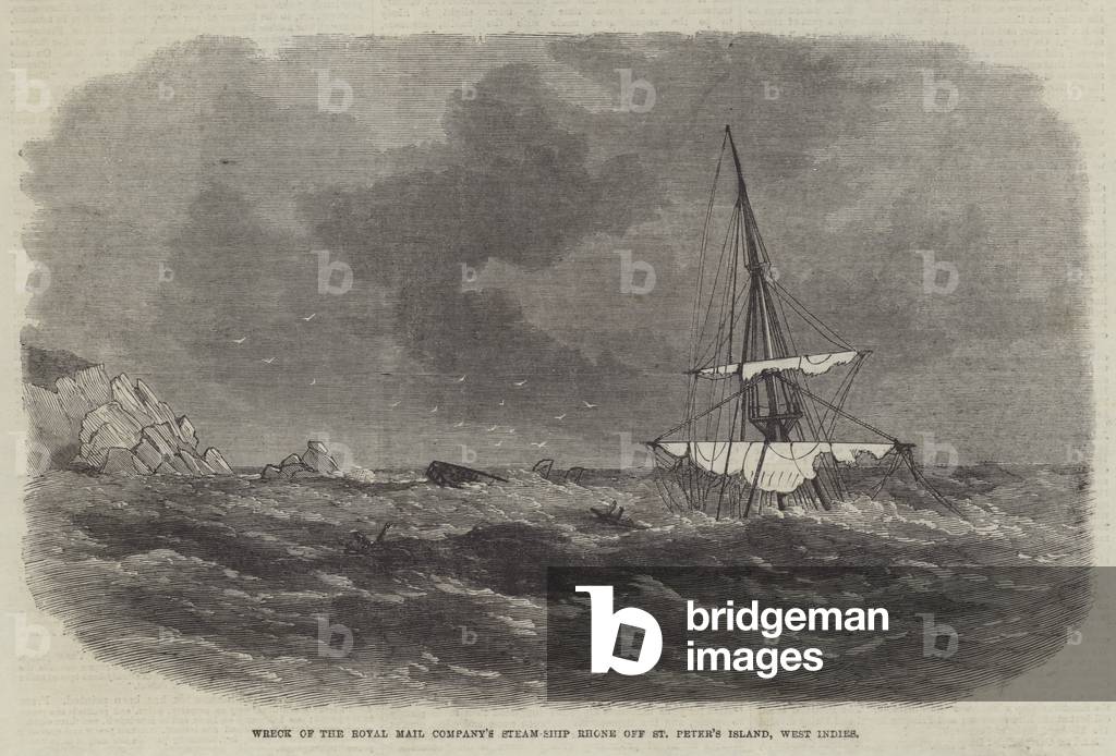 Wreck of the Royal Mail Company's Steam-Ship Rhone off St Peter's Island, West Indies (engraving)