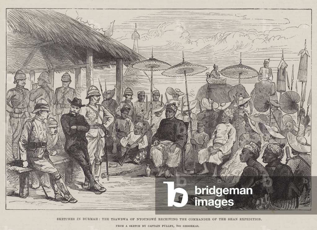 Sketches in Burmah, the Tsawbwa of Nyoungwe receiving the Commander of the Shan Expedition (engraving)