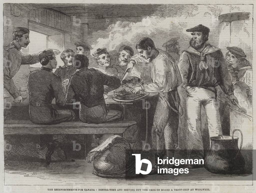 The Reinforcements for Canada, Dinner-Time and serving out the Grog on Board a Troop-Ship at Woolwich (engraving)