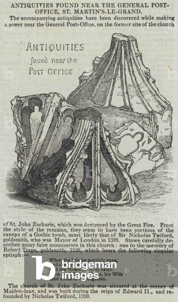Antiquities found near the General Post-Office, St Martin's-le-Grand (engraving)