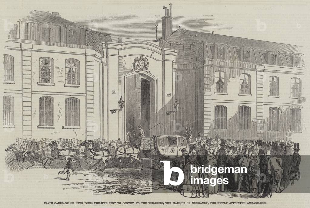 State Carriage of King Louis Philippe sent to convey to the Tuileries, the Marquis of Normanby, the Newly appointed Ambassador (engraving)
