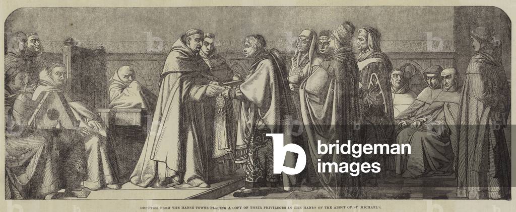 Deputies from the Hanse Towns placing a Copy of their Privileges in the Hands of the Abbot of St Michael's (engraving)