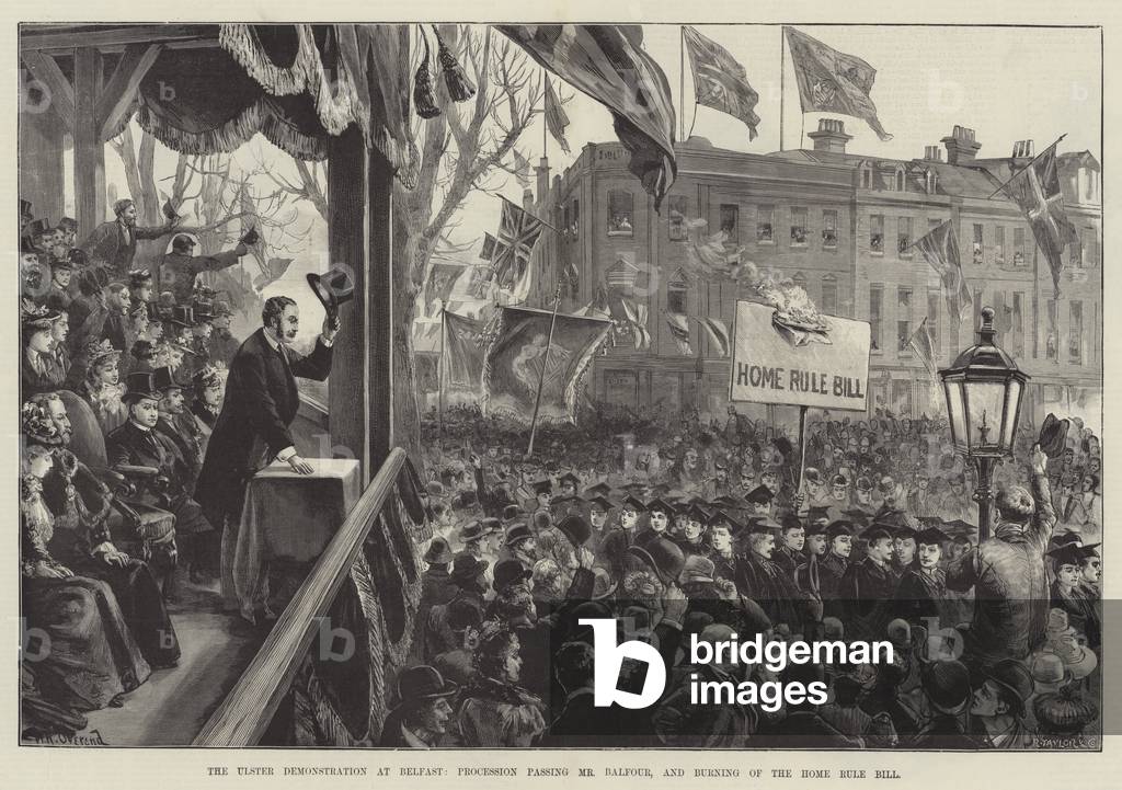 The Ulster Demonstration at Belfast, Procession passing Mr Balfour, and burning of the Home Rule Bill (engraving)