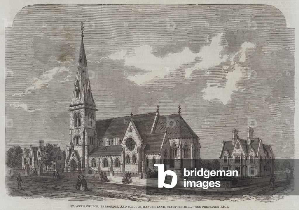 St Ann's Church, Parsonage, and Schools, Hanger-Lane, Stamford-Hill (engraving)