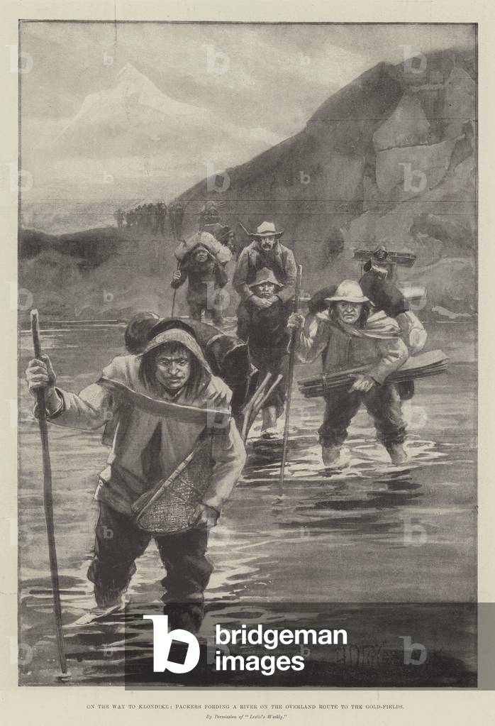 On the Way to Klondike, Packers fording a River on the Overland Route to the Gold-Fields (litho)