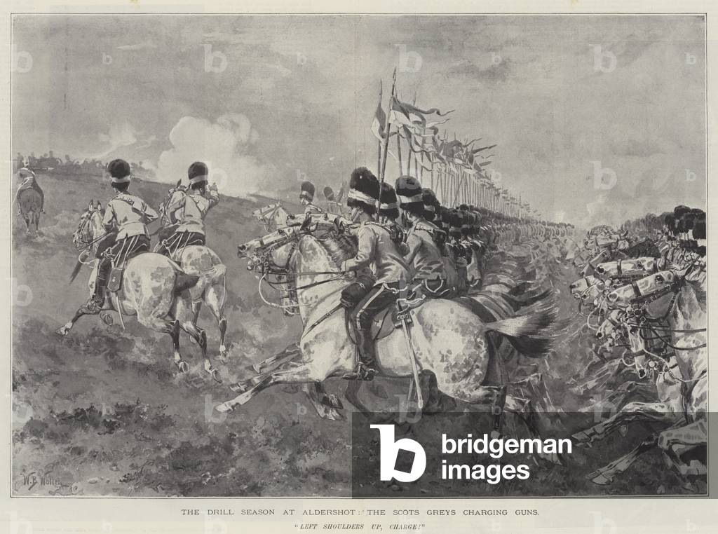 The Drill Season at Aldershot, the Scots Greys charging Guns (litho)