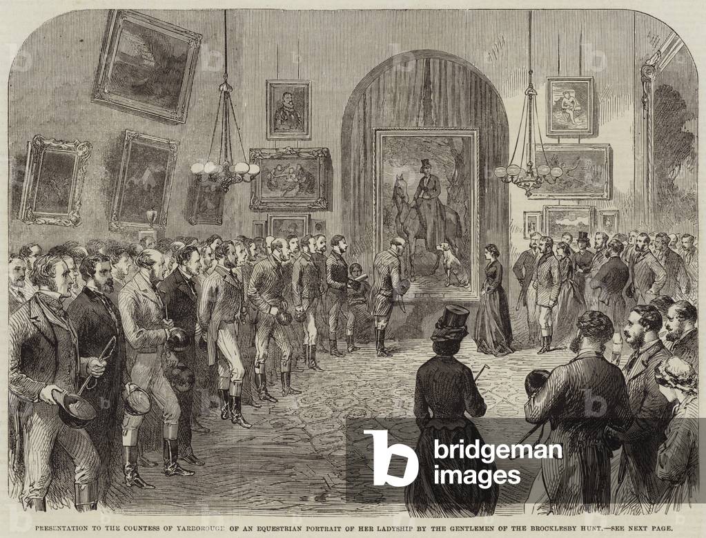 Presentation to the Countess of Yarborough of an Equestrian Portrait of Her Ladyship by the Gentlemen of the Brocklesby Hunt (engraving)