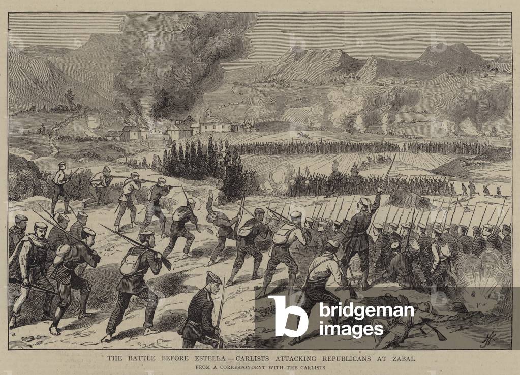 The Battle before Estella, Carlists attacking Republicans at Zabal (engraving)