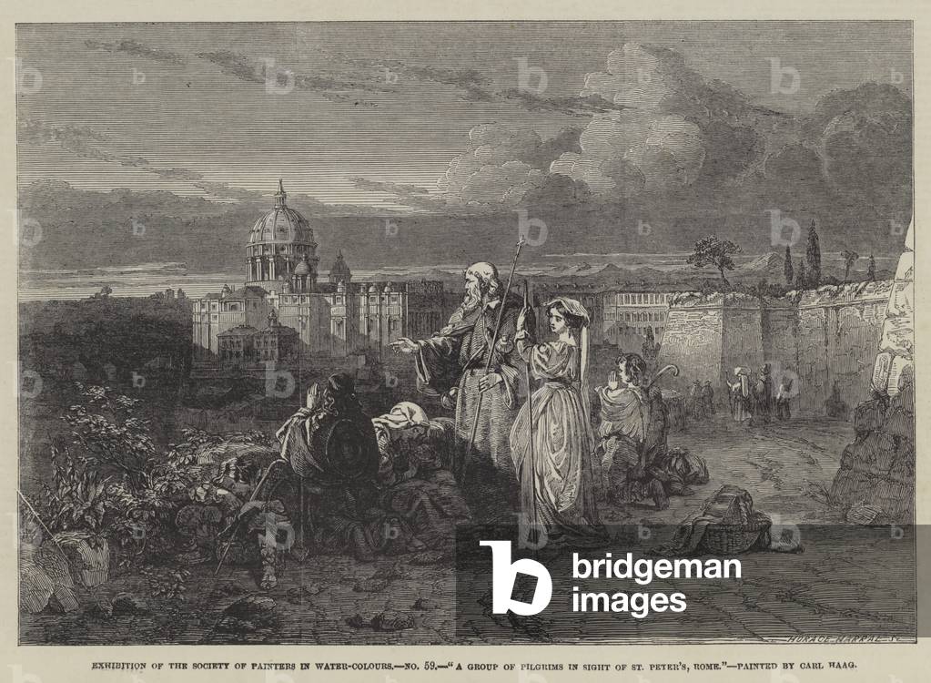 A Group of Pilgrims in Sight of St Peter's, Rome (engraving)