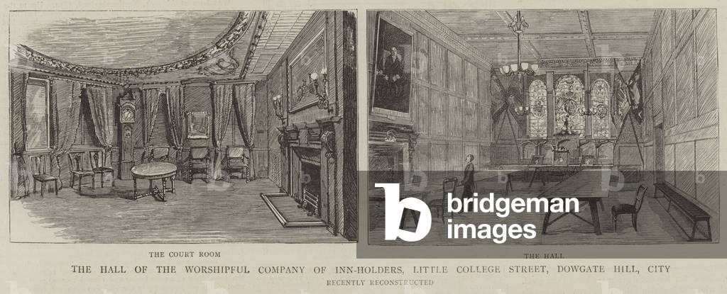 The Hall of the Worshipful Company of Inn-Holders, Little College Street, Dowgate Hill, City (engraving)