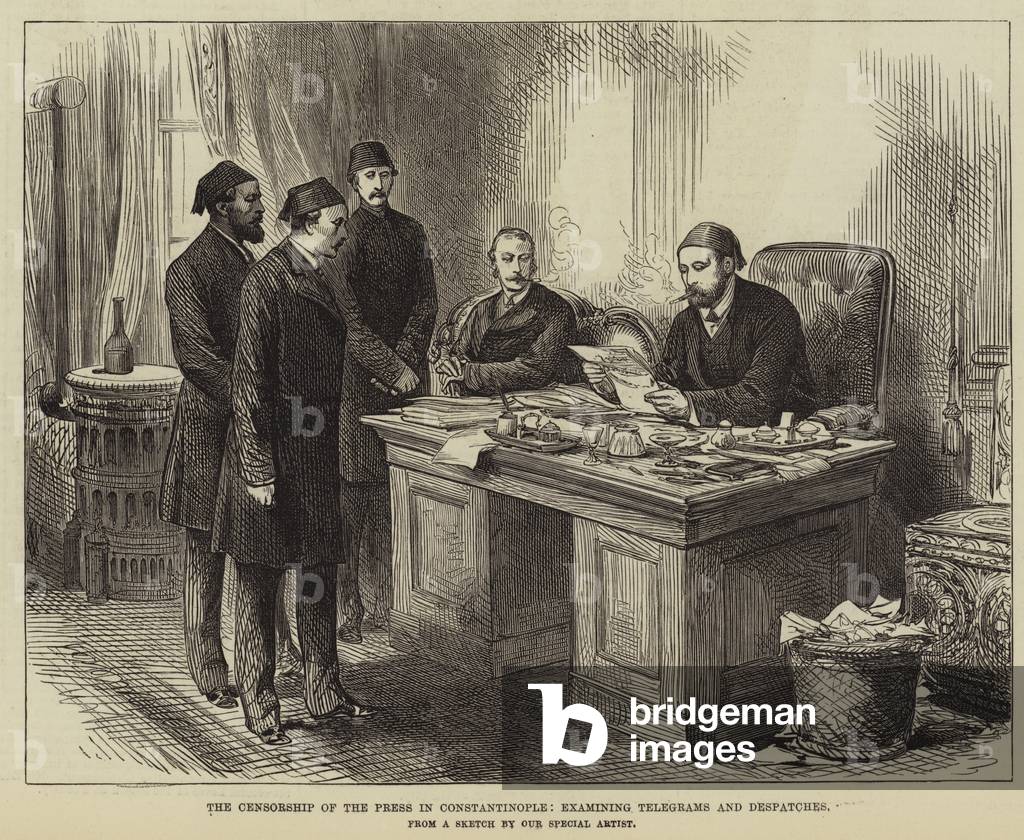 The Censorship of the Press in Constantinople, examining Telegrams and Despatches (engraving)