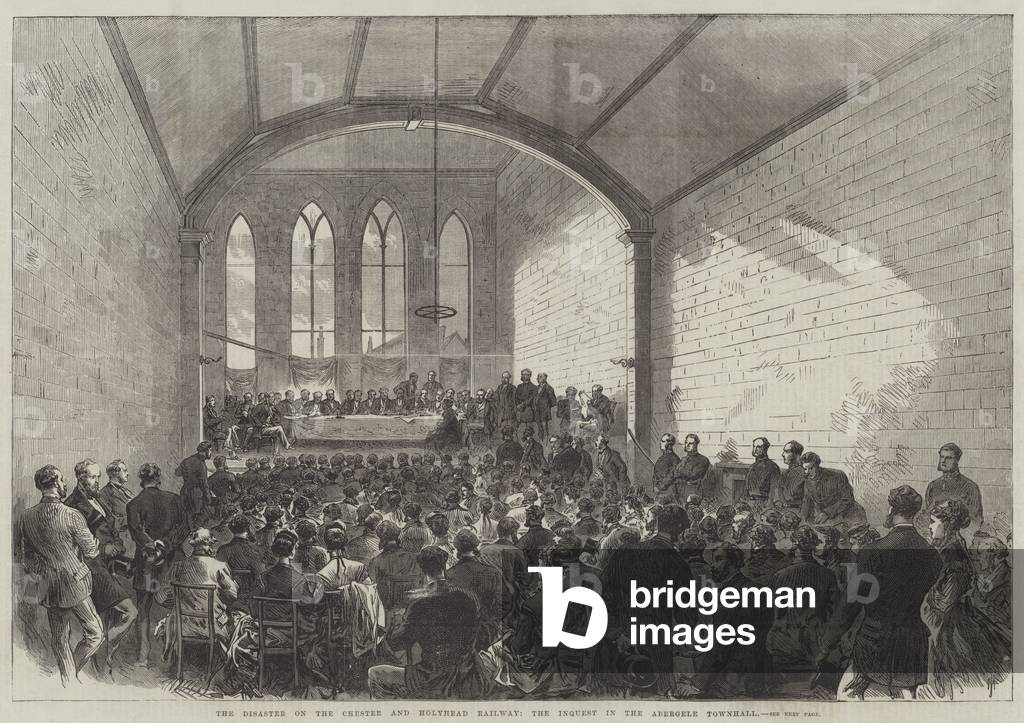 The Disaster on the Chester and Holyhead Railway, the Inquest in the Abergele Townhall (engraving)