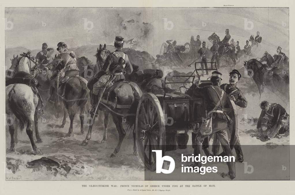 The Graeco-Turkish War, Prince Nicholas of Greece under Fire at the Battle of Mati (litho)