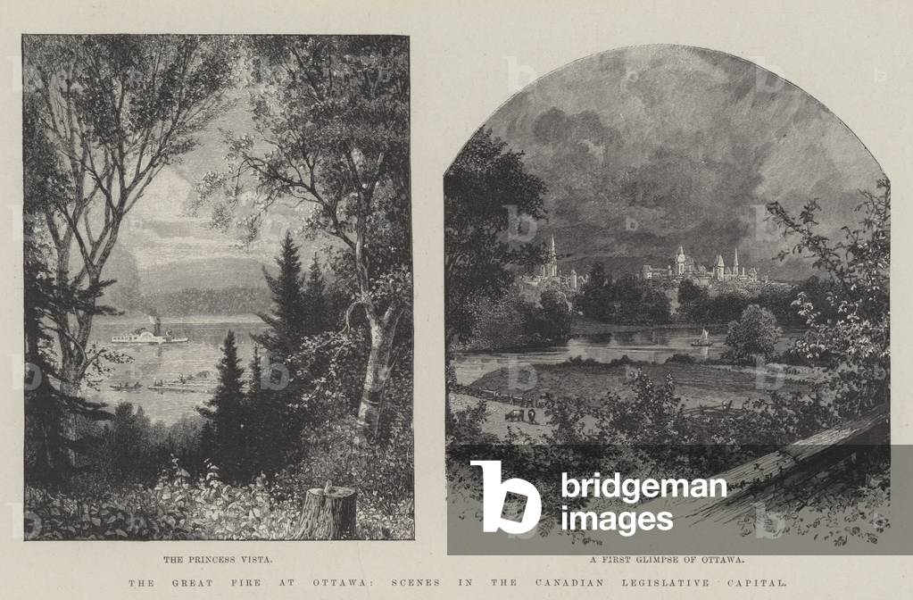 The Great Fire at Ottawa, Scenes in the Canadian Legislative Capital (engraving)