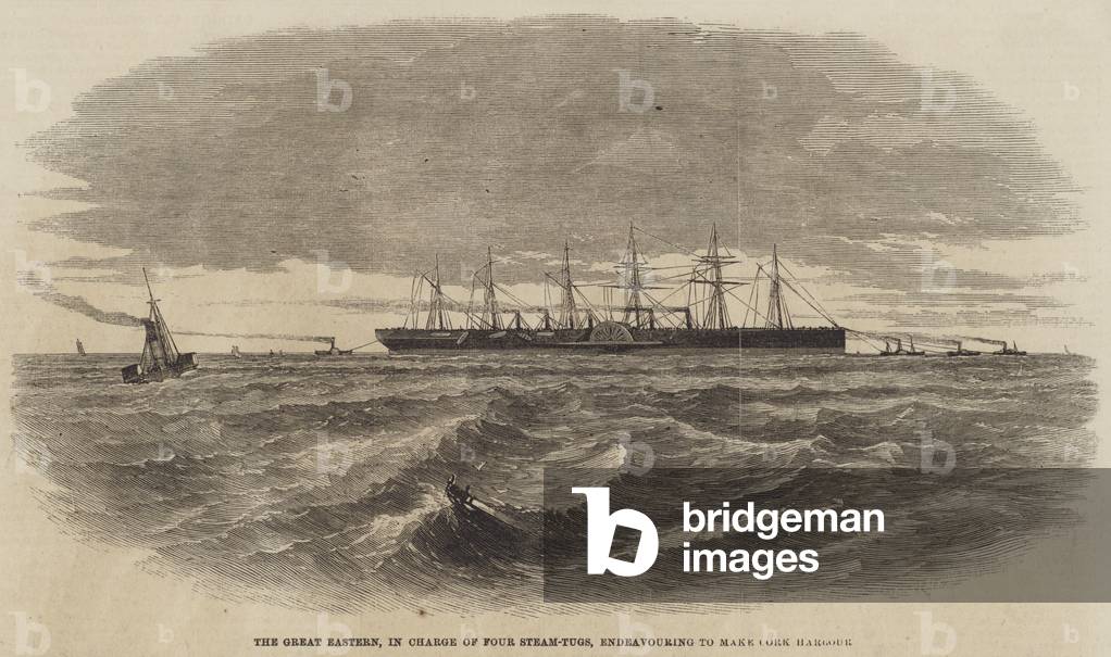 The Great Eastern, in Charge of Four Steam-Tugs, endeavouring to make Cork Harbour (engraving)