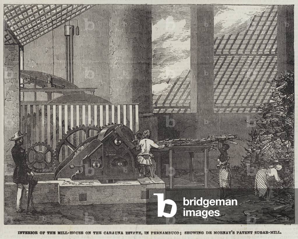 Interior of the Mill-House on the Carauna Estate, in Pernambuco; showing De Mornay's Patent Sugar-Mill (engraving)