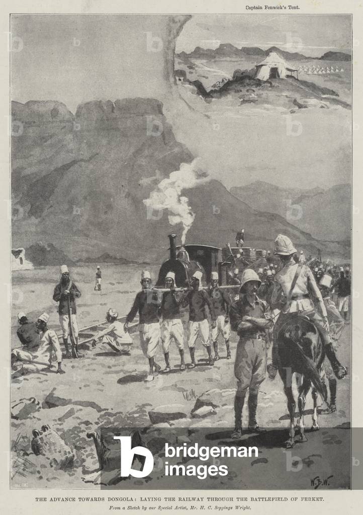 The Advance towards Dongola, laying the Railway through the Battlefield of Ferket (engraving)