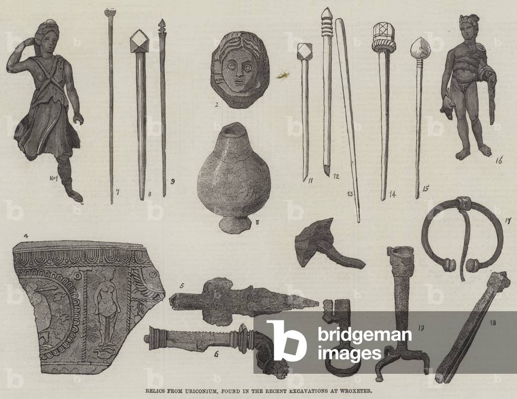 Relics from Uriconium, Found in the Recent Excavations at Wroxeter (engraving)