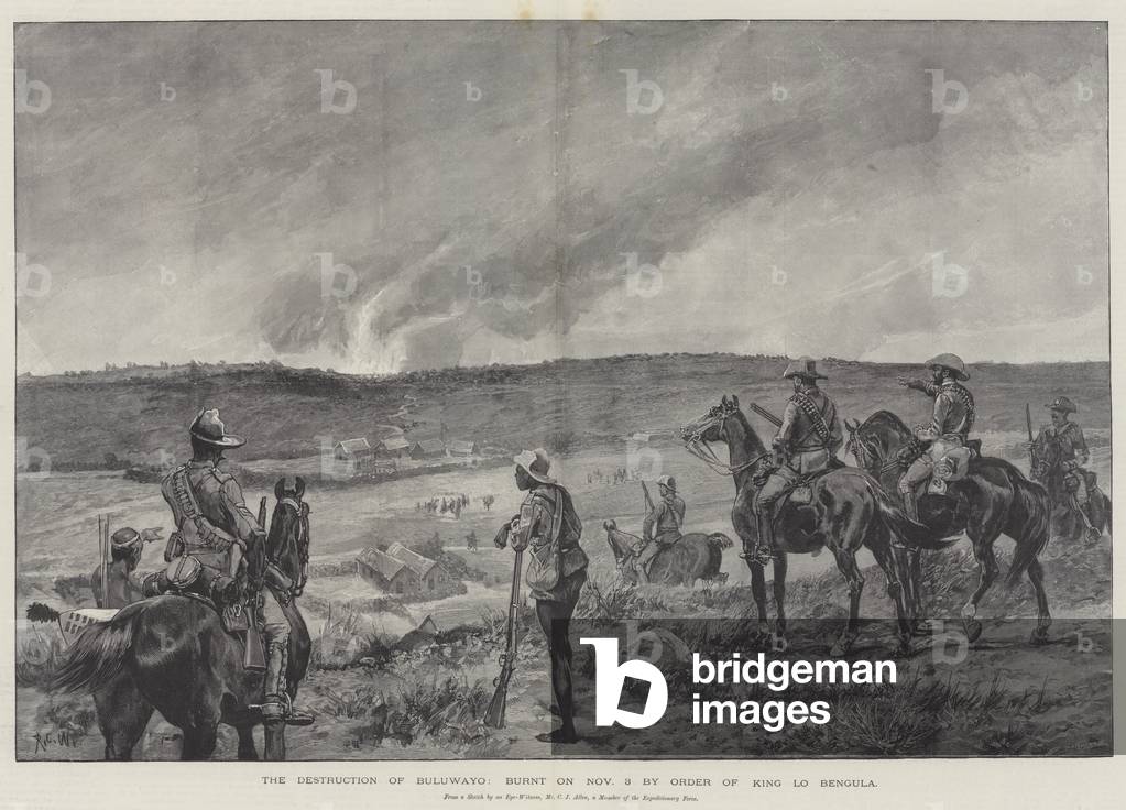 The Destruction of Buluwayo, burnt on 3 November by Order of King Lo Bengula (engraving)