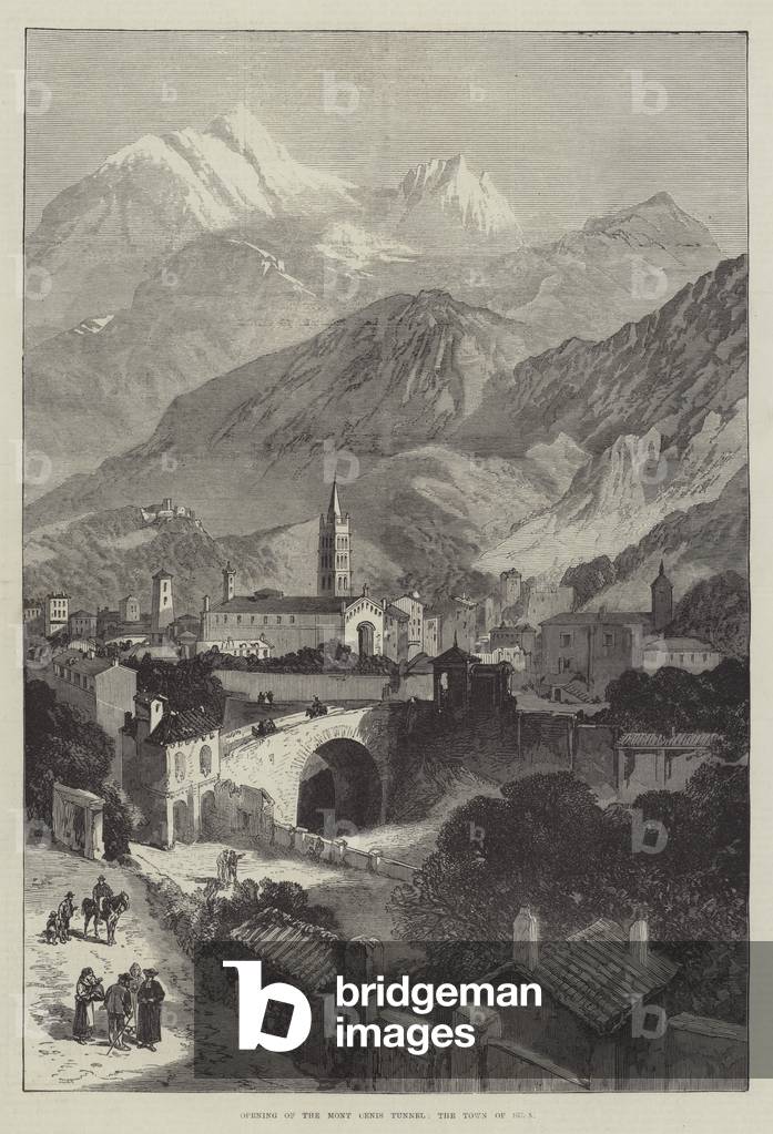 Opening of the Mont Cenis Tunnel, the Town of Susa (engraving)