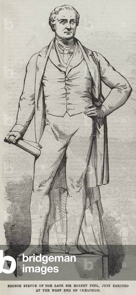 Bronze Statue of the late Sir Robert Peel, just erected at the West End of Cheapside (engraving)