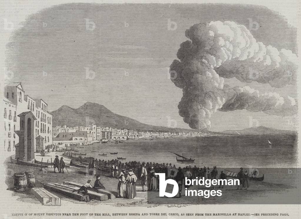 Eruption of Mount Vesuvius near the Foot of the Hill, between Resina and Torre del Greco, as seen from the Marinella at Naples (engraving)