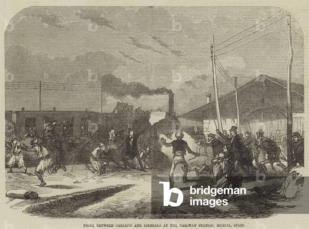 Fight between Carlists and Liberals at the Railway Station, Murcia, Spain (engraving)
