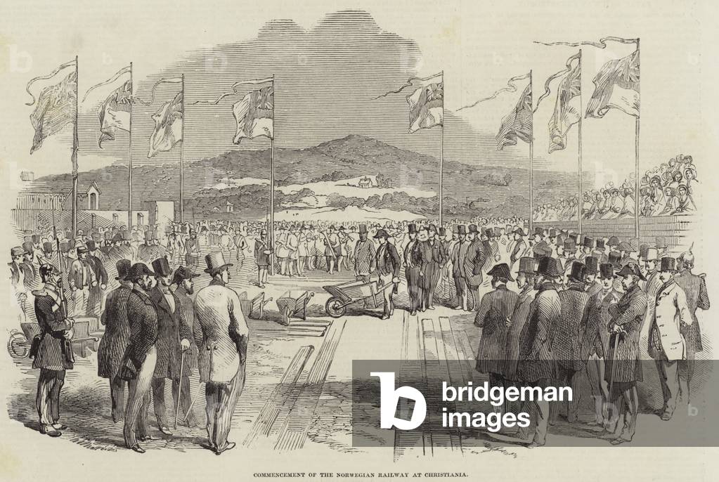 Commencement of the Norwegian Railway at Christiania (engraving)