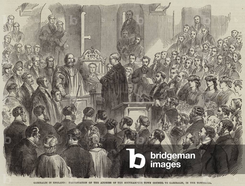Garibaldi in England, Presentation of the Address of the Southampton Town Council to Garibaldi, in the Townhall (engraving)