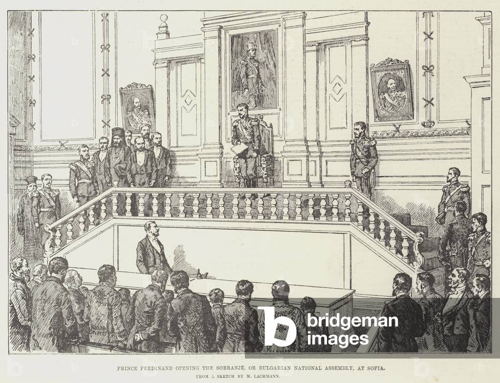 Prince Ferdinand opening the Sobranje, or Bulgarian National Assembly, at Sofia (engraving)
