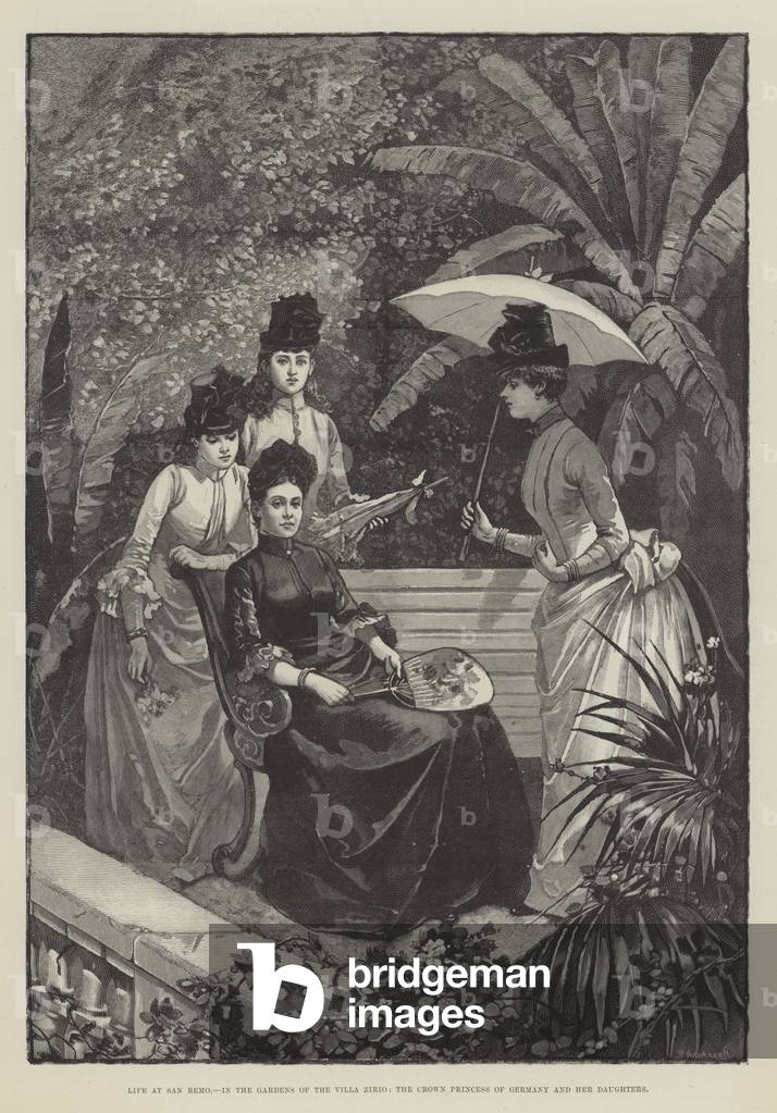 Life at San Remo, in the Gardens of the Villa Zirio, the Crown Princess of Germany and her Daughters (engraving)