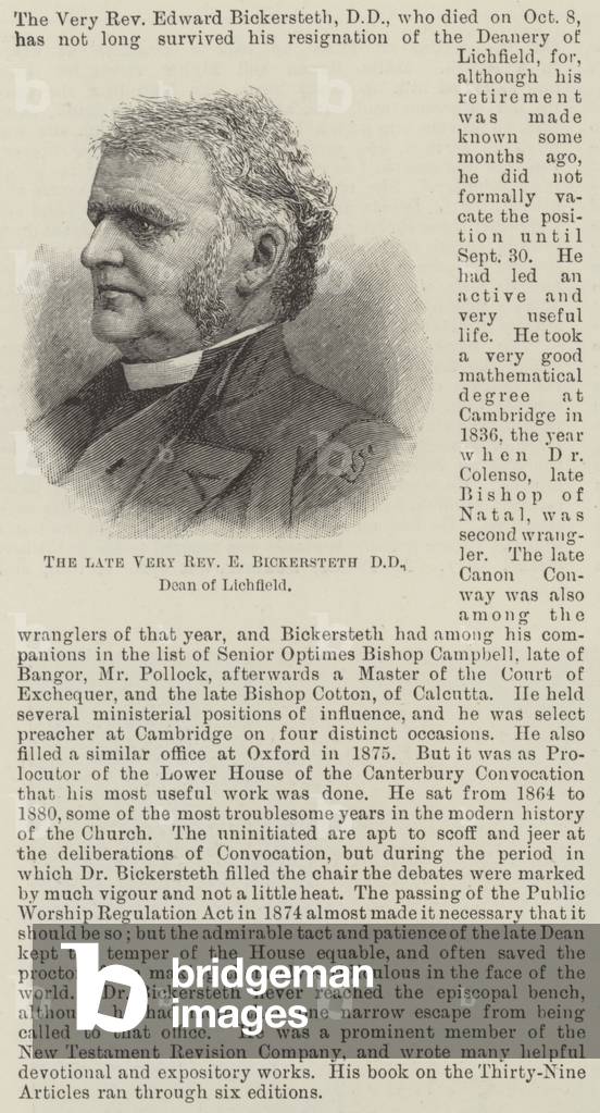 The late Very Reverend E Bickersteth, DD, Dean of Lichfield (engraving)