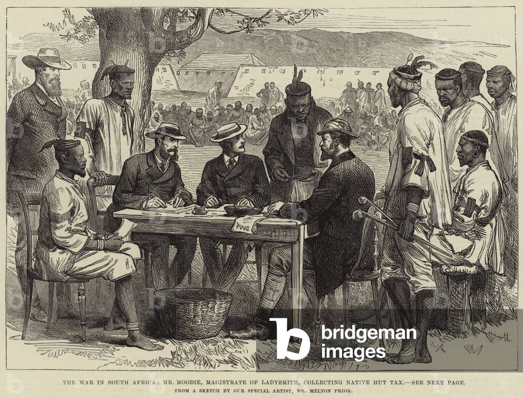 The War in South Africa, Mr Moodie, Magistrate of Ladysmith, collecting Native Hut Tax (engraving)