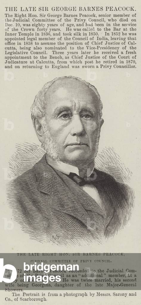 The late Right Honourable Sir Barnes Peacock, Judicial Committee of Privy Council (engraving)