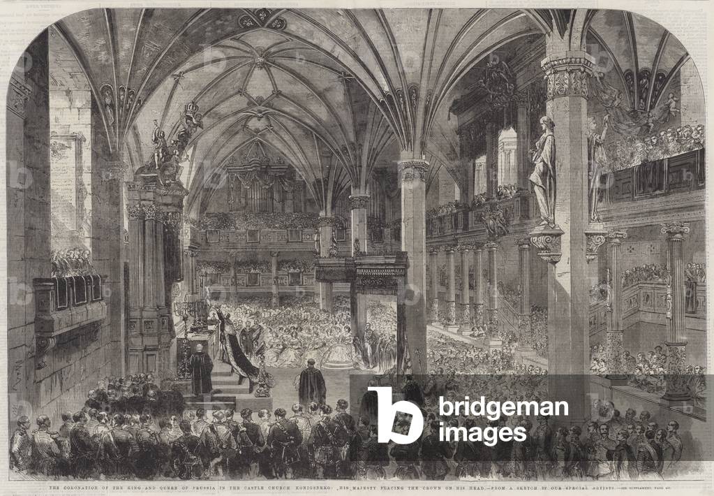 The Coronation of the King and Queen of Prussia in the Castle Church Konigsberg, His Majesty placing the Crown on his Head (engraving)