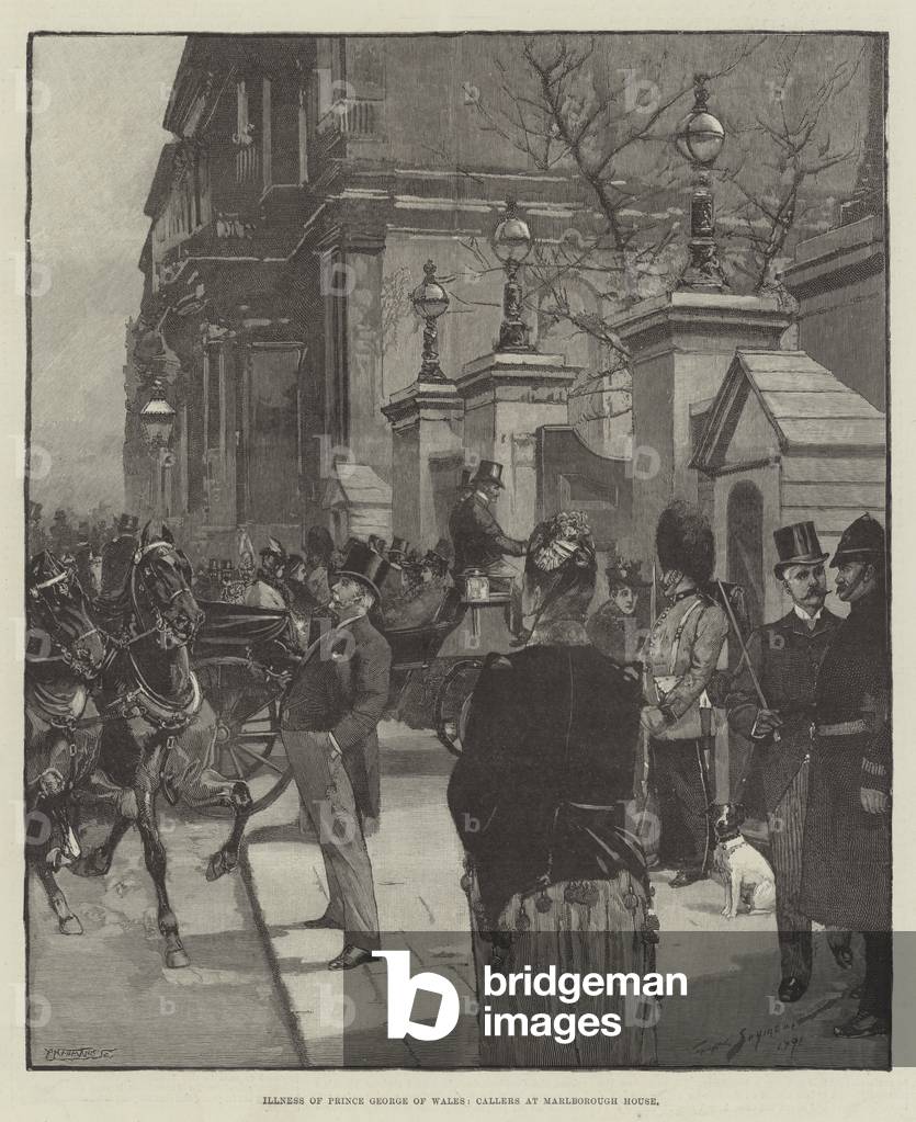 Illness of Prince George of Wales, Callers at Marlborough House (engraving)