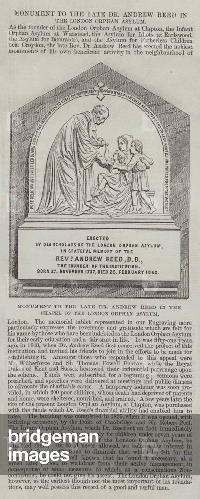 Monument to the late Dr Andrew Reed in the Chapel of the London Orphan Asylum (engraving)