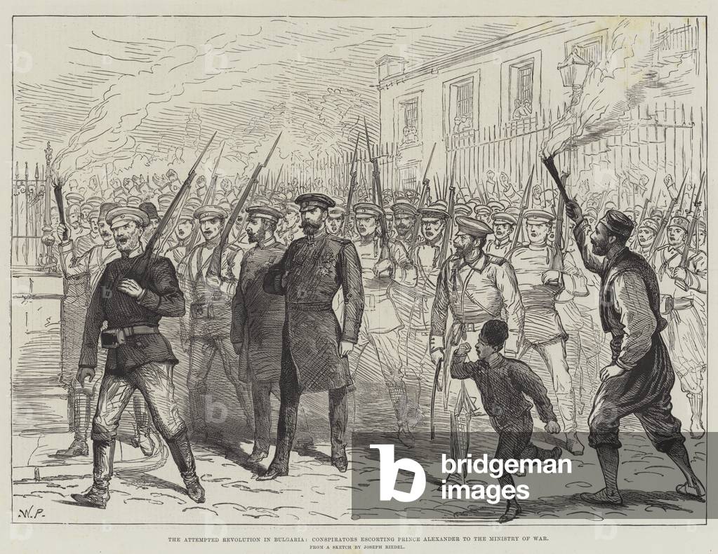 The Attempted Revolution in Bulgaria, Conspirators escorting Prince Alexander to the Ministry of War (engraving)