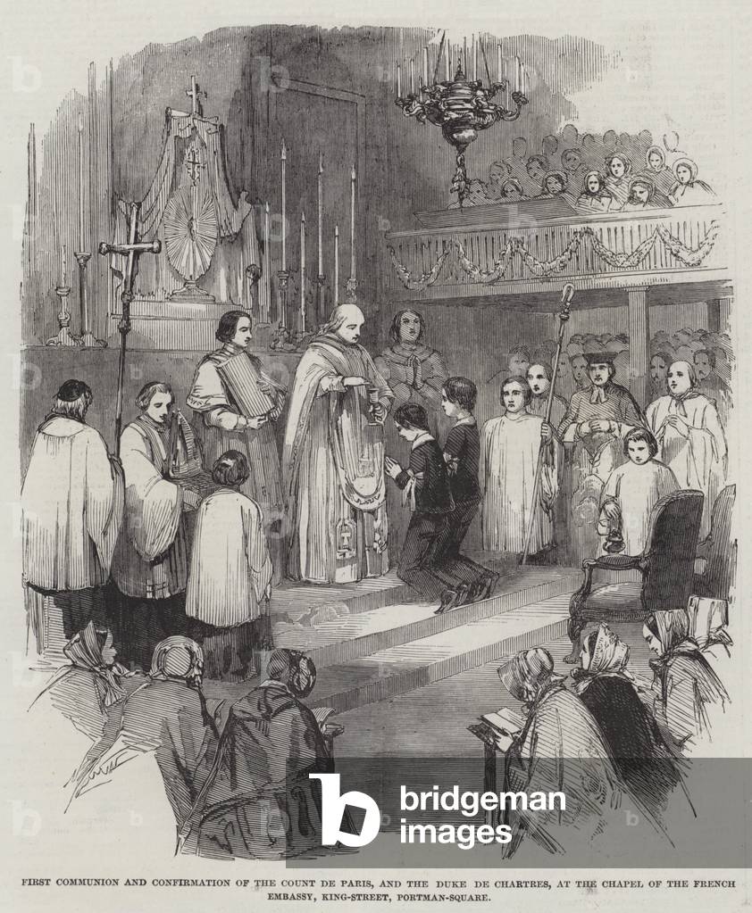 First Communion and Confirmation of the Count de Paris, and the Duke de Chartres, at the Chapel of the French Embassy, King-Street, Portman-Square (engraving)