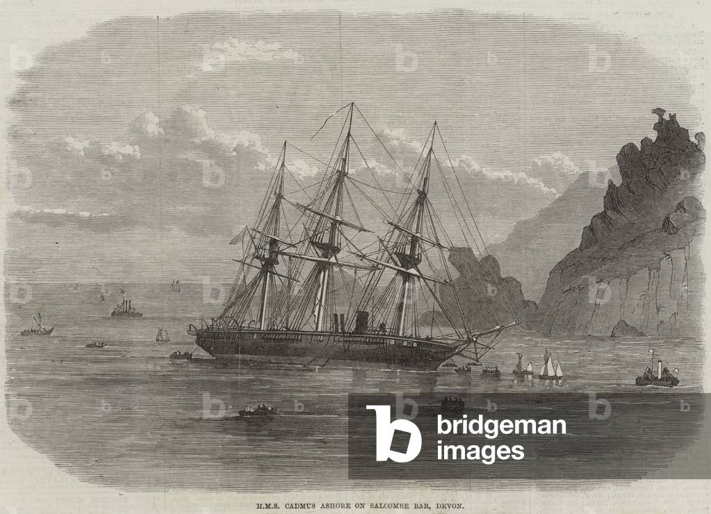 HMS Cadmus Ashore on Salcombe Bar, Devon (engraving)
